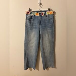 Place Du Jour Stylish Blue Straight Leg Jeans with Floral Waistband Size 6